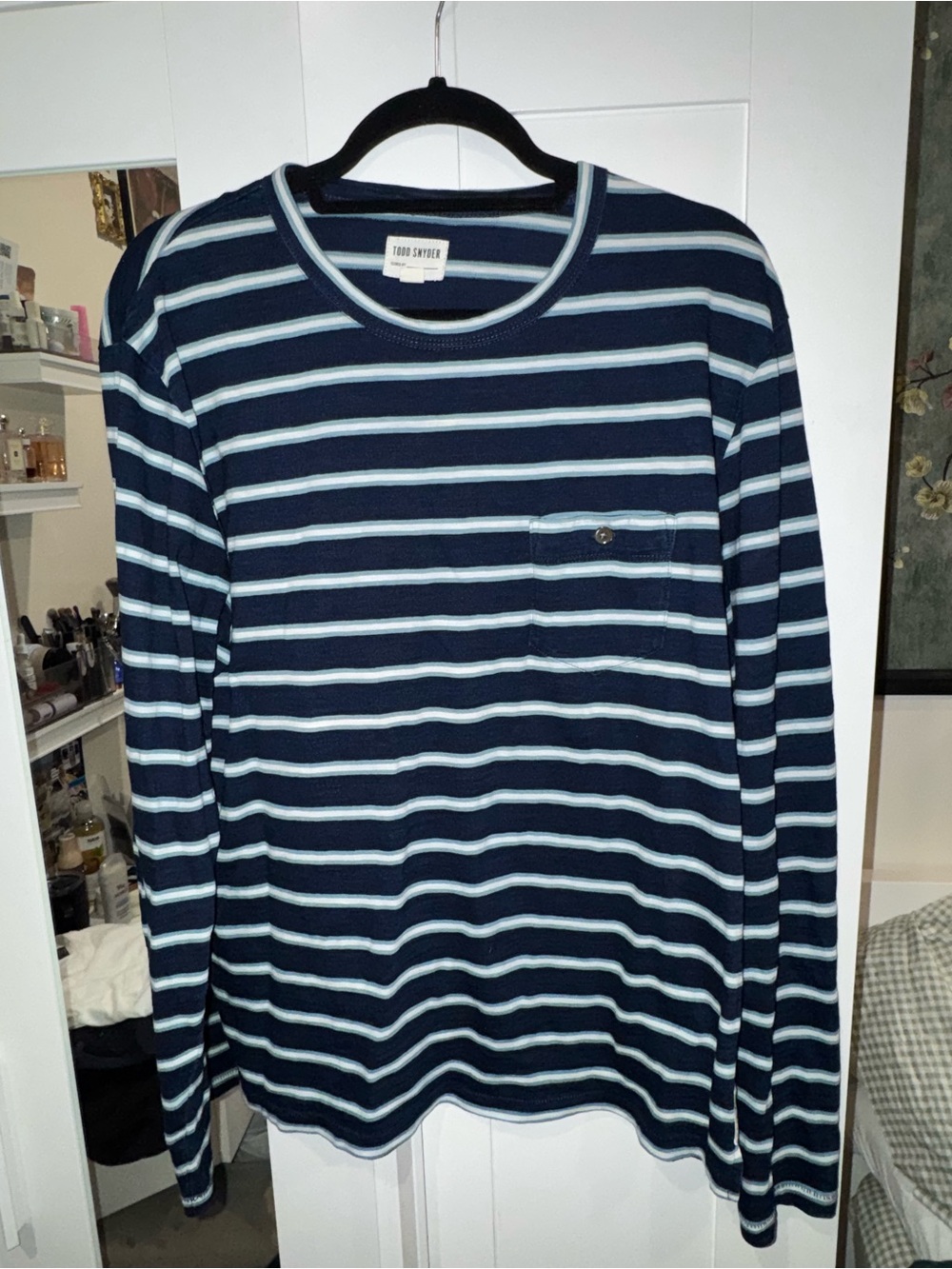 Todd Snyder Navy & Light Blue Striped Long-Sleeve Pocket Tee Shirt